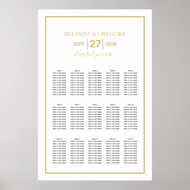 Minimalist Gold Black White Wedding Seating Chart (Front)
