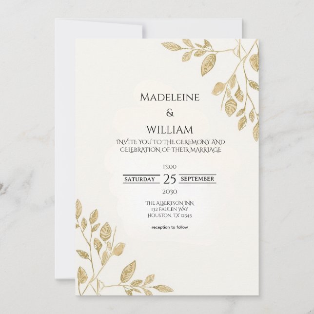 Minimalist Gold Botanical Eucalyptus Wedding Invitation (Front)
