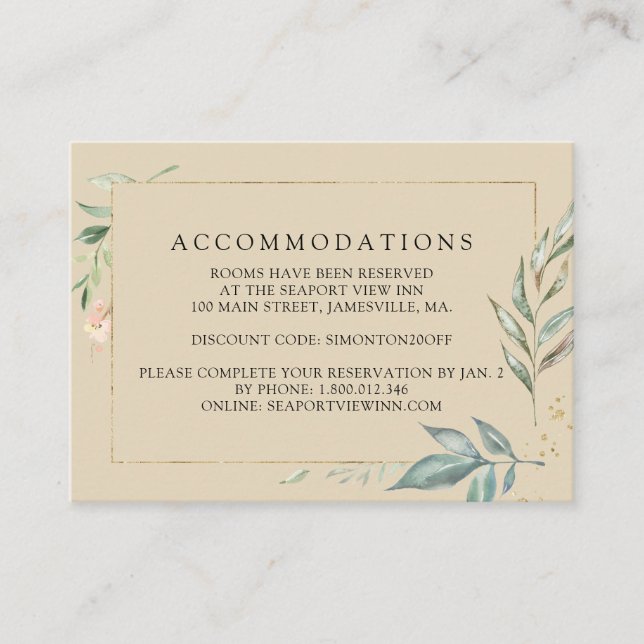 Minimalist Gold Botanical Wedding Accommodation Enclosure Card (Front)