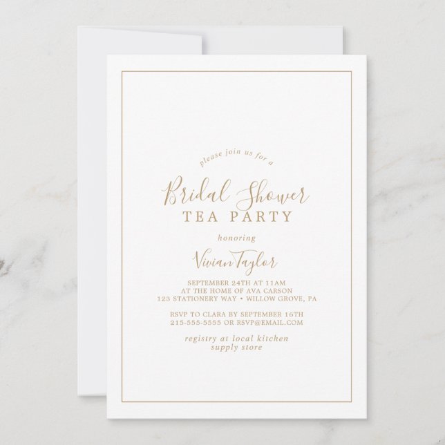 Minimalist Gold Bridal Shower Tea Party Invitation (Front)