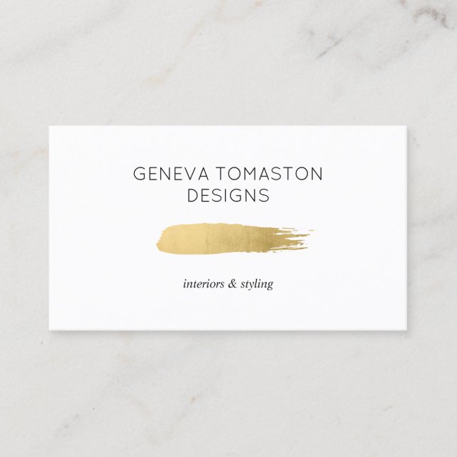 Minimalist Gold Brushstroke Designer Logo White II Business Card (Front)