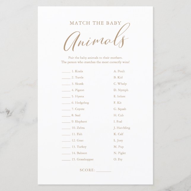 Minimalist Gold Calligraphy Baby Animal Match Game (Front)