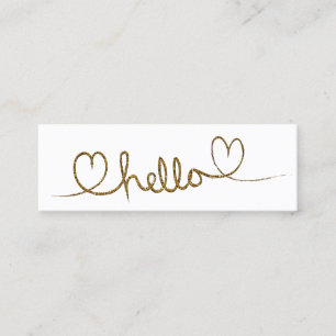 Minimalist gold calligraphy hello hearts mini business card