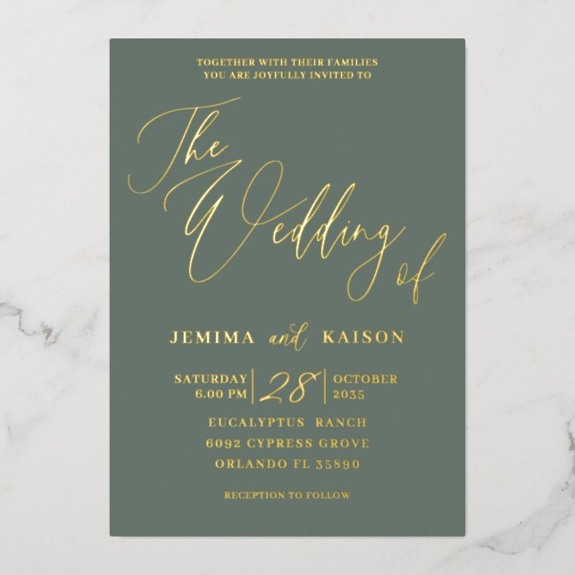 Minimalist Gold Calligraphy Script Green Wedding F (Front)