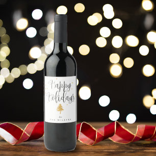 Minimalist Gold Christmas Tree Happy Holidays Wine Label