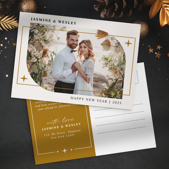 Minimalist Gold Christmas Wedding Photo Holiday Postcard (Creator Uploaded)