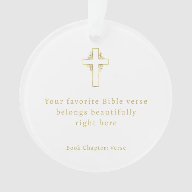 Minimalist Gold Cross Bible Verse Ornament (Front)