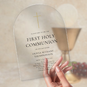 Minimalist Gold Cross First Holy Communion Acrylic Invitations