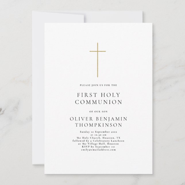Minimalist Gold Cross First Holy Communion Invitation (Front)
