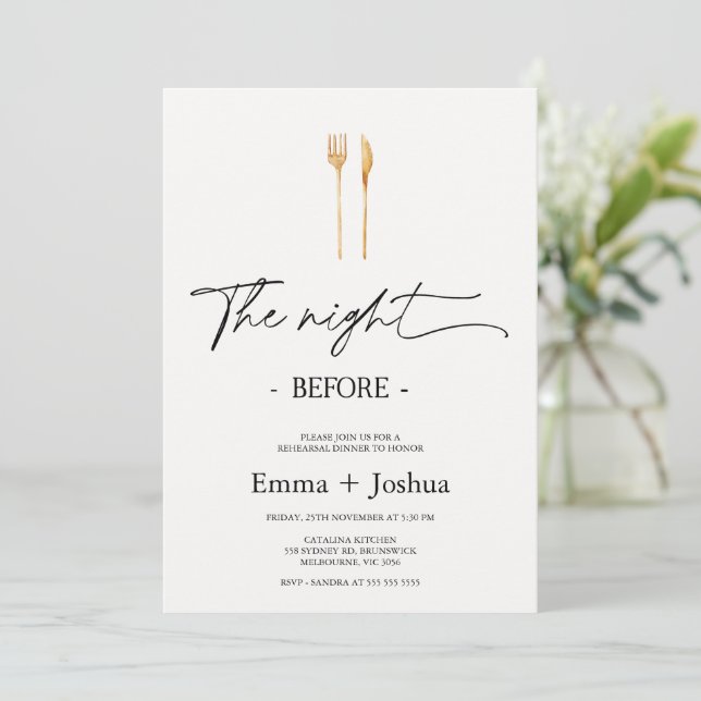 Minimalist Gold Cutlery Rehearsal Dinner  Invitation (Standing Front)