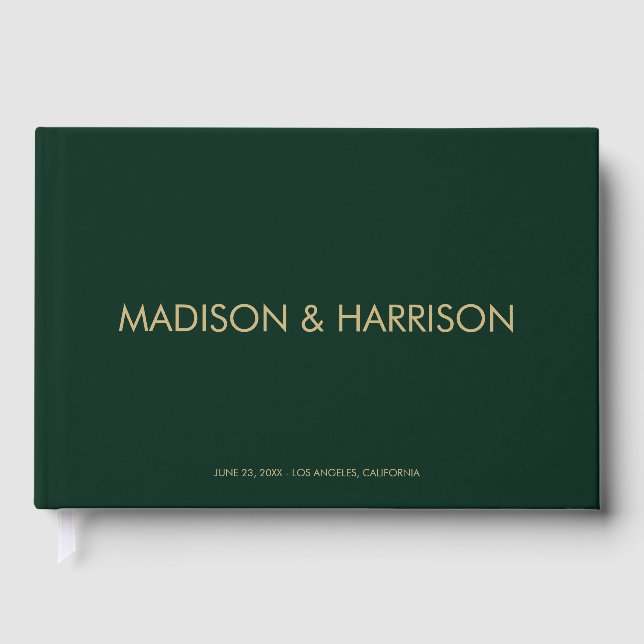 Minimalist gold dark green custom elegant Wedding  Guest Book (Front)