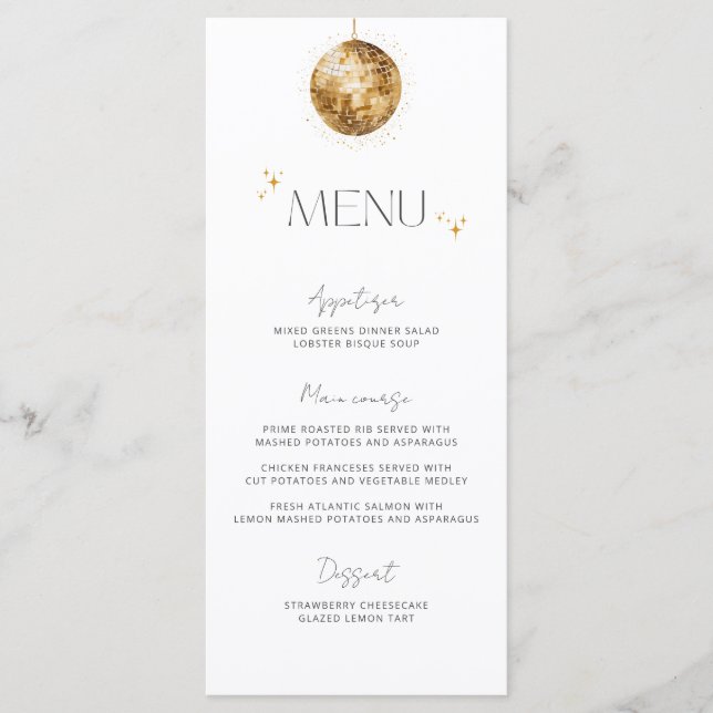 Minimalist Gold Disco Ball Wedding Menu (Front)