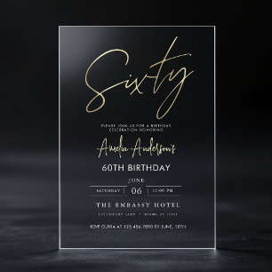 Minimalist Gold Elegant Script 60th Birthday Acrylic Invitations