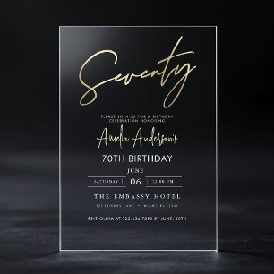 Minimalist Gold Elegant Script 70th Birthday Acrylic Invitations