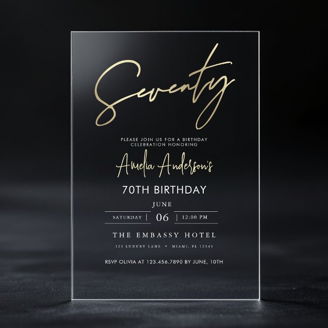 Minimalist Gold Elegant Script 70th Birthday Acrylic Invitations (Creator Uploaded)