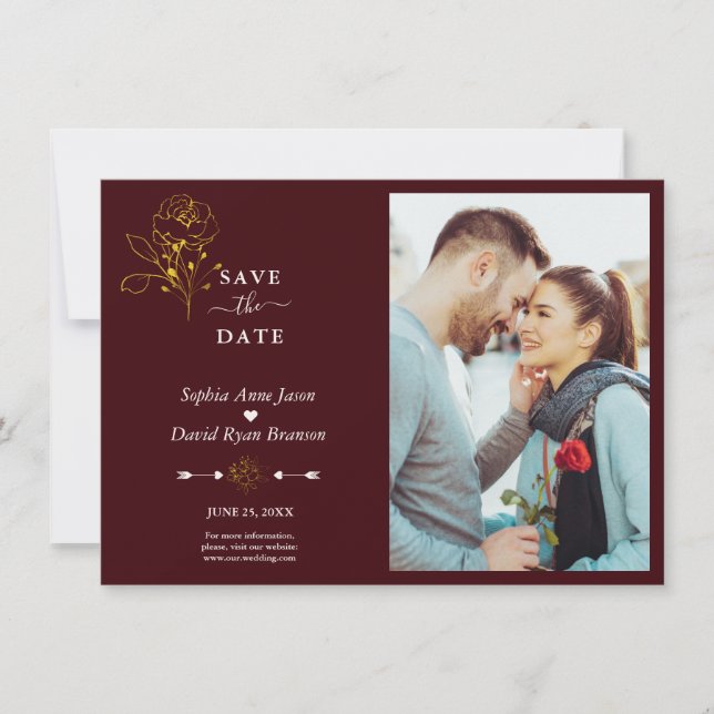 Minimalist Gold Floral Deep Burgundy Photo Wedding Save The Date (Front)