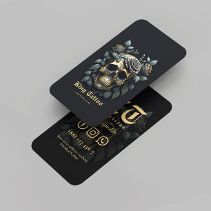 Minimalist Gold Floral Skull Tattoo Artist  Business Card