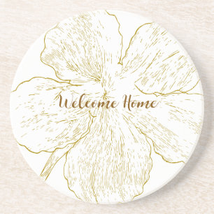 Minimalist Gold Flower Line Art Personalised Coaster