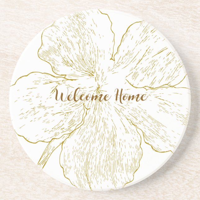 Minimalist Gold Flower Line Art Personalised Coaster (Front)