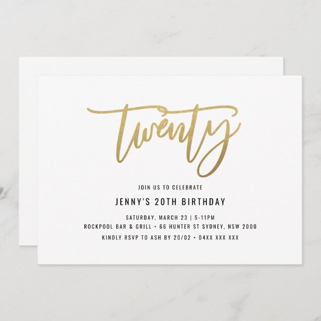 Minimalist Gold Foil 20th Birthday Invitation (Front/Back)
