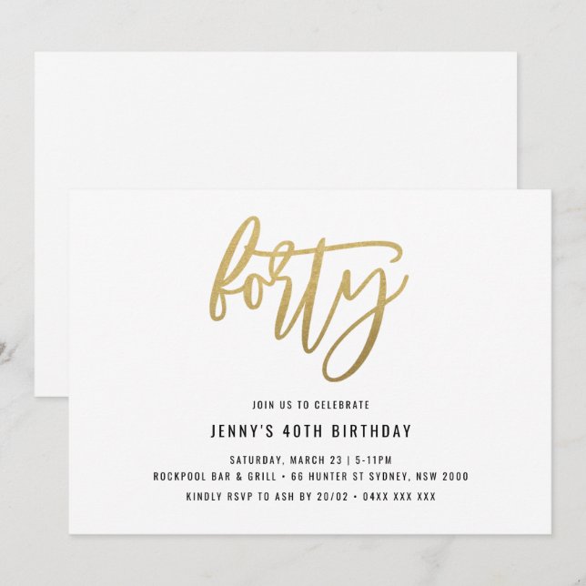 Minimalist Gold Foil 40th Birthday Invitation (Front/Back)