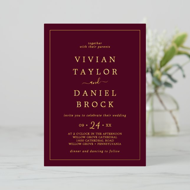 Minimalist Gold Foil | Burgundy Bold Names Wedding (Standing Front)