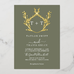 Minimalist Gold Foil Leaf Dark Green Monogram Wedd
