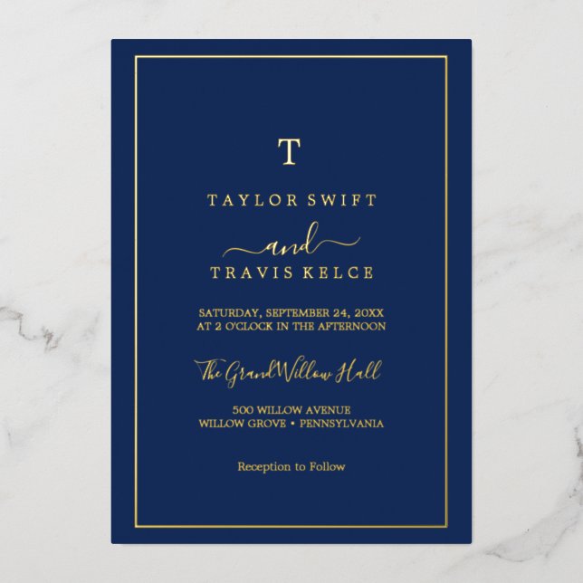 Minimalist Gold Foil | Navy Blue Monogram Wedding  (Front)