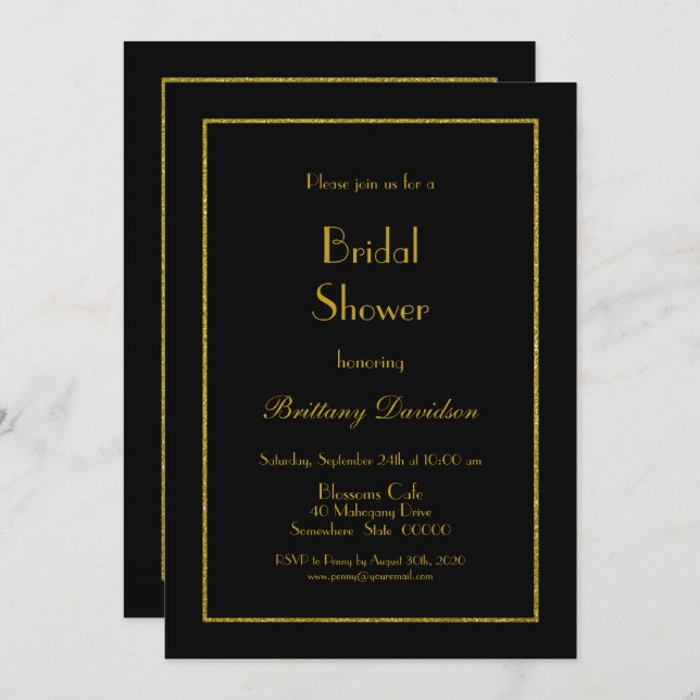 Minimalist Gold Frame Black Bridal Shower Invitation (Front/Back)