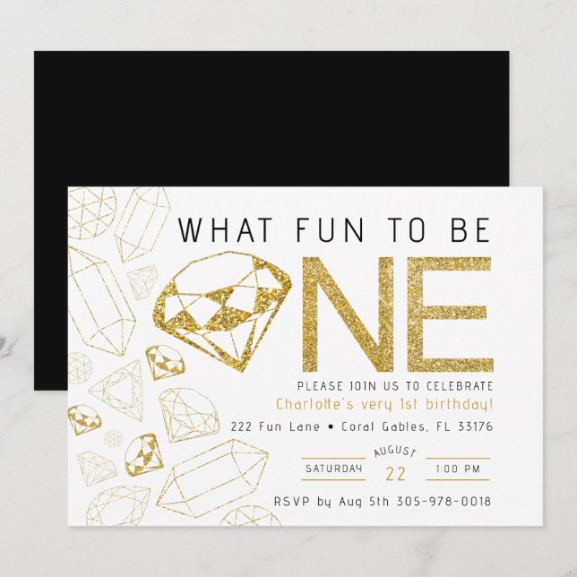 Minimalist Gold Gem First Birthday Party Invite (Front/Back)