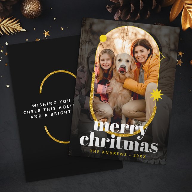 Minimalist Gold Glitter Christmas Family Photo Holiday Card (Creator Uploaded)