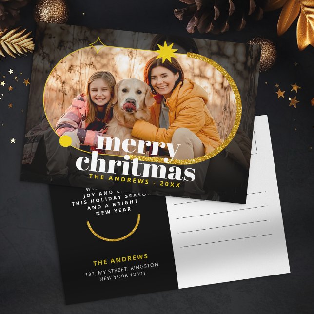 Minimalist Gold Glitter Christmas Family Photo Holiday Postcard (Creator Uploaded)