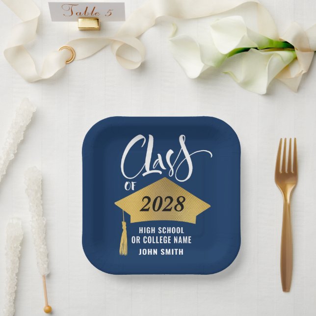 Minimalist Gold Grad Cap Stylish Graduation Party Paper Plate (Wedding)