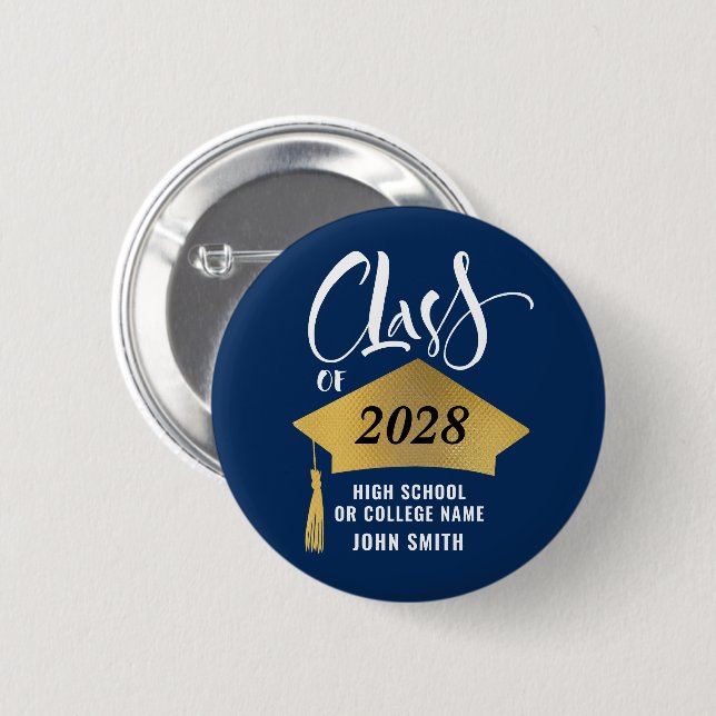 Minimalist Gold Grad Cap Stylish Script Graduation 6 Cm Round Badge (Front & Back)