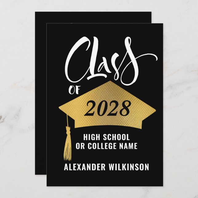 Minimalist Gold Grad Cap Stylish Script Graduation Invitation (Front/Back)