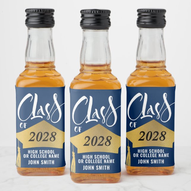 Minimalist Gold Grad Cap Stylish Script Graduation Liquor Bottle Label (Bottles)