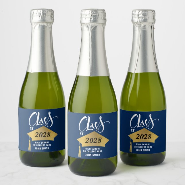 Minimalist Gold Grad Cap Stylish Script Graduation Sparkling Wine Label (Bottles)
