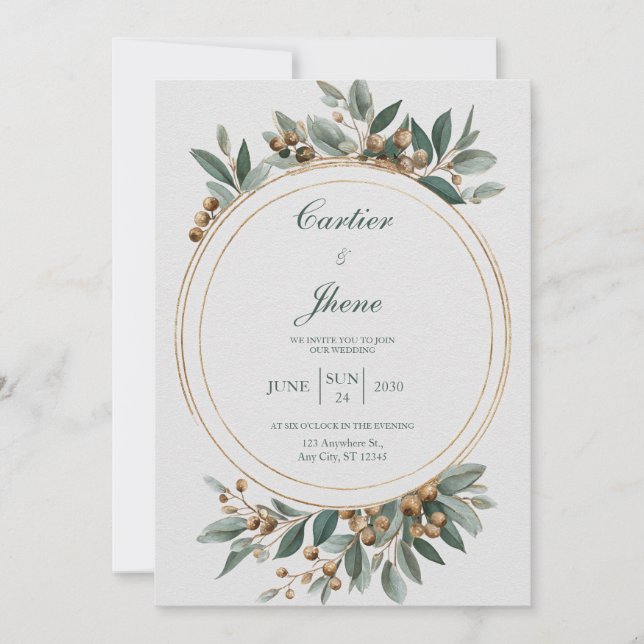 Minimalist Gold & Green Botanical Circle Wedding Invitation (Front)