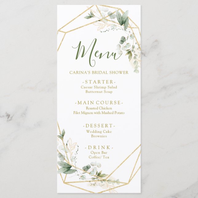 Minimalist Gold Greenery Geometric Baby in Bloom Menu (Front)