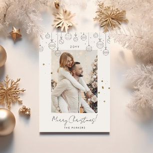 Minimalist Gold Grey Ornaments Christmas Photo Holiday Card