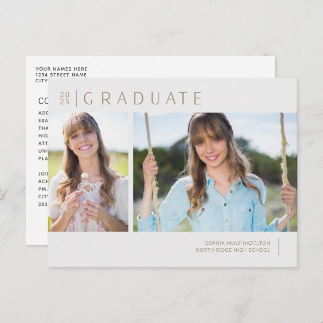 Minimalist Gold & Grey Two Photo Graduation Party Postcard (Front/Back)