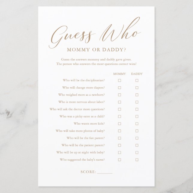 Minimalist Gold Guess Who Mummy or Daddy Game (Front)