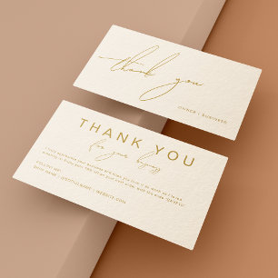 Minimalist Gold Handwritten Script Beige Thank You Business Card