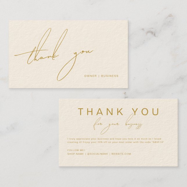 Minimalist Gold Handwritten Script Beige Thank You Business Card (Front/Back)