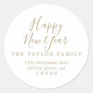 Minimalist Gold Happy New Year Return Address Classic Round Sticker