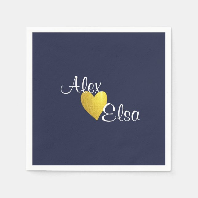 Minimalist Gold Heart Navy Blue Custom Wedding Napkin (Front)