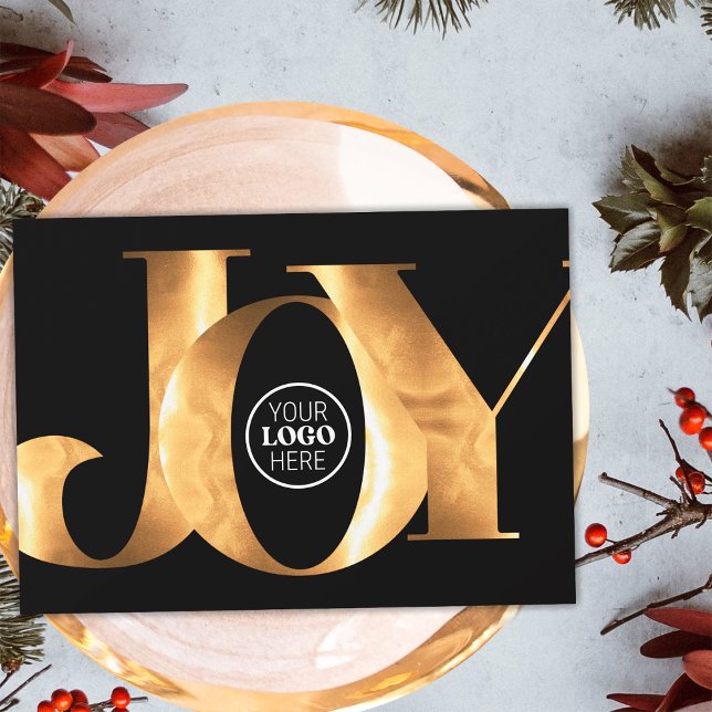 Minimalist Gold Joy Business Logo Happy Holidays Holiday Card (Front)