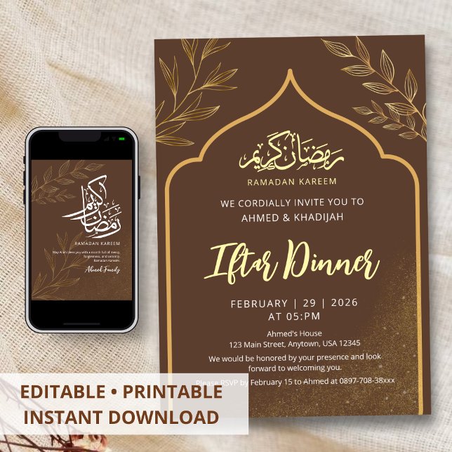 Minimalist Gold Line Art Ramadan Iftar Dinner Invitation (Creator Uploaded)