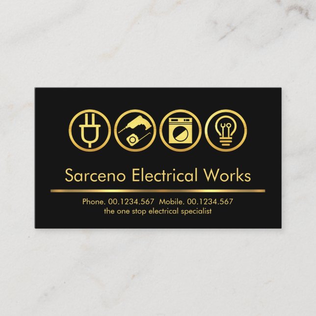 Minimalist Gold Line Electrical Icons Business Card (Front)
