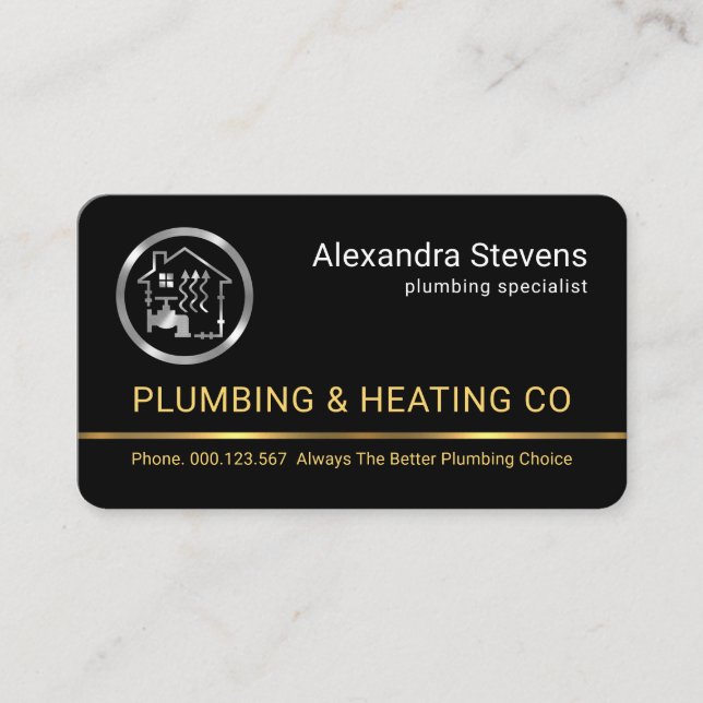 Minimalist Gold Line Silver Plumbing Heating Business Card (Front)